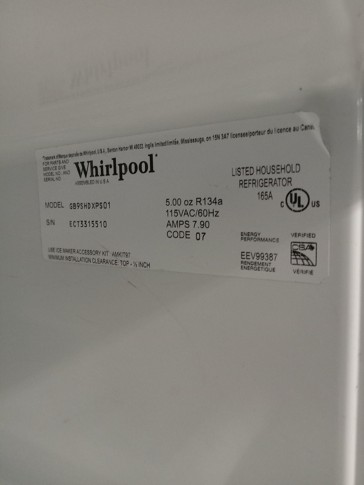 29.5"W Whirlpool Gold Stainless Steel Refrigerator