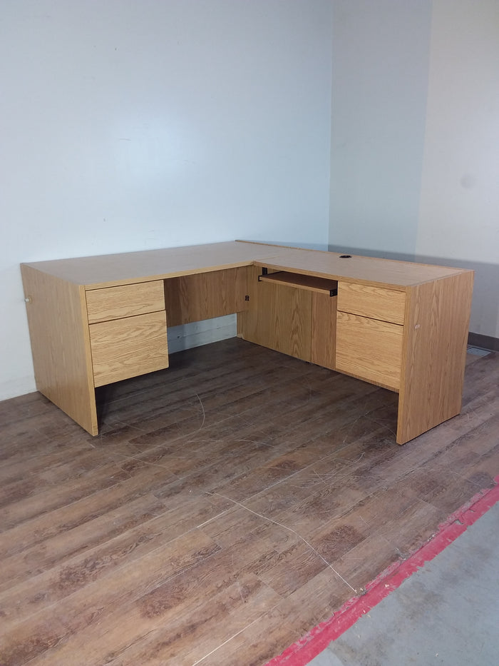 Oak Veneer L-Shaped Desk With Hanging Drawers