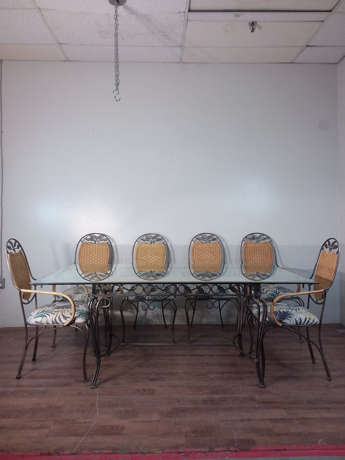 Metallic Leaf Glass Dining Set With Six Chairs