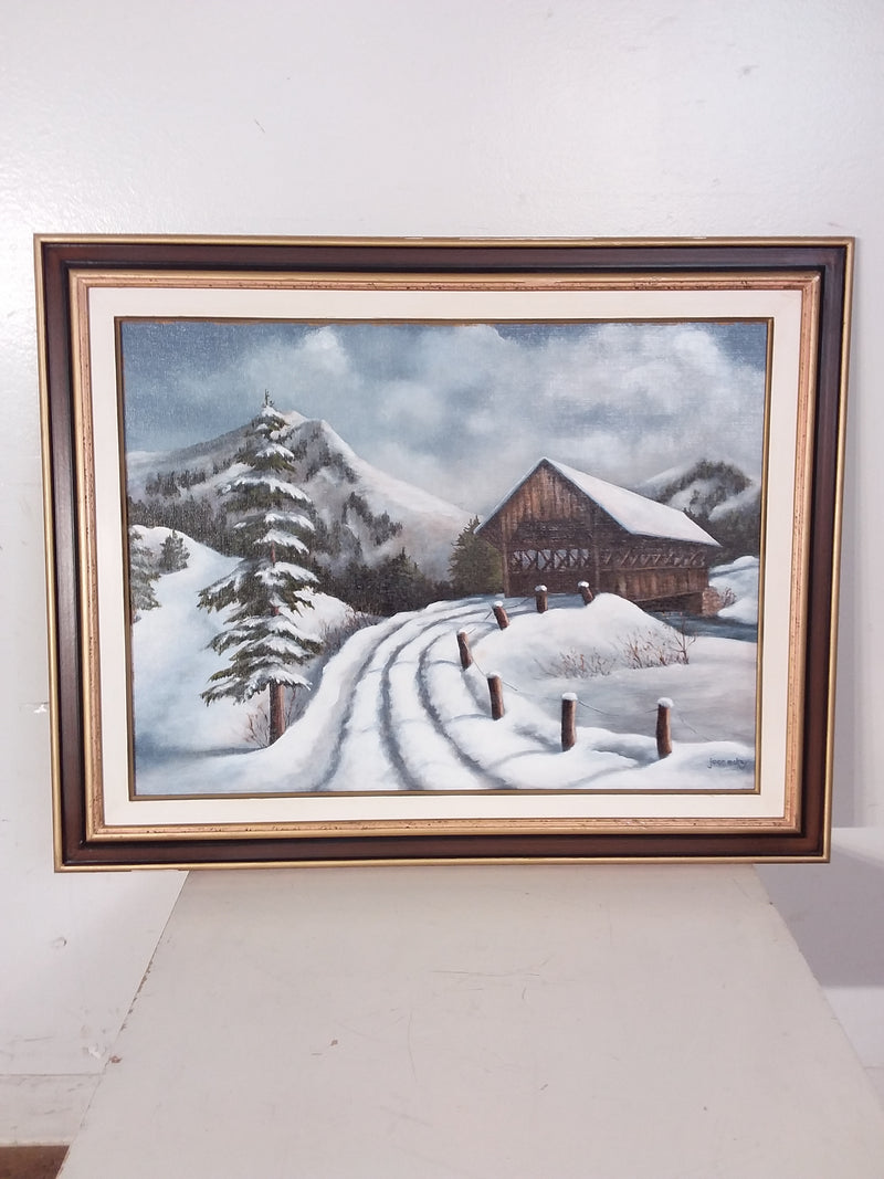 Snow Covered Bridge Framed Painting