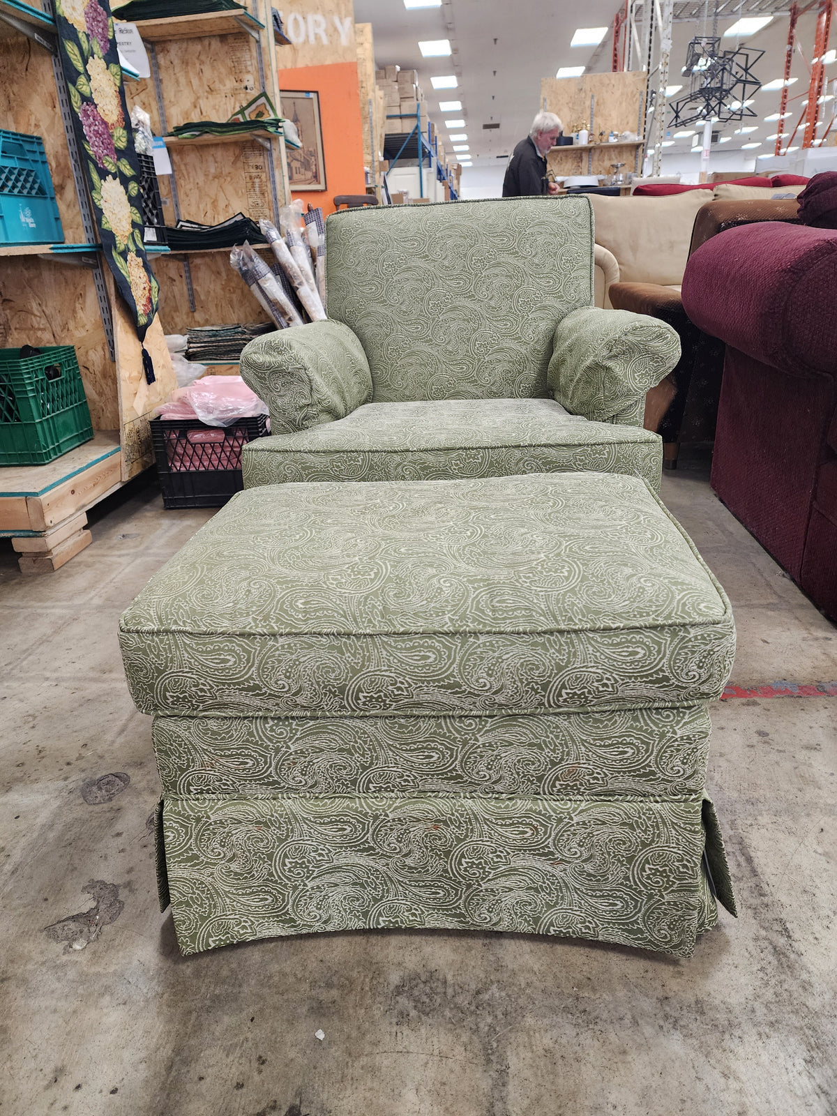 Green Floral Pattern Armchair with Ottoman