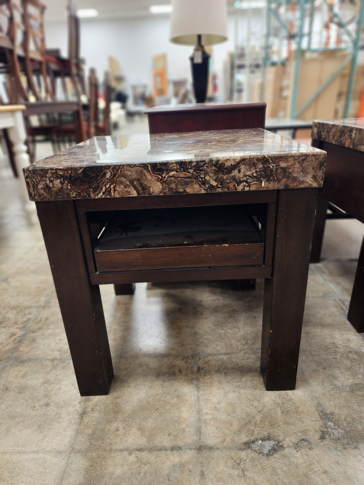 Faux Marble Top End Table W/ Pull Out Tray