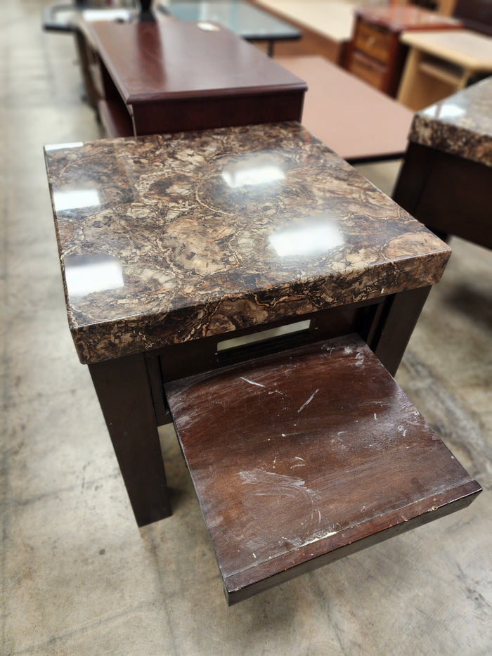 Faux Marble Top End Table W/ Pull Out Tray