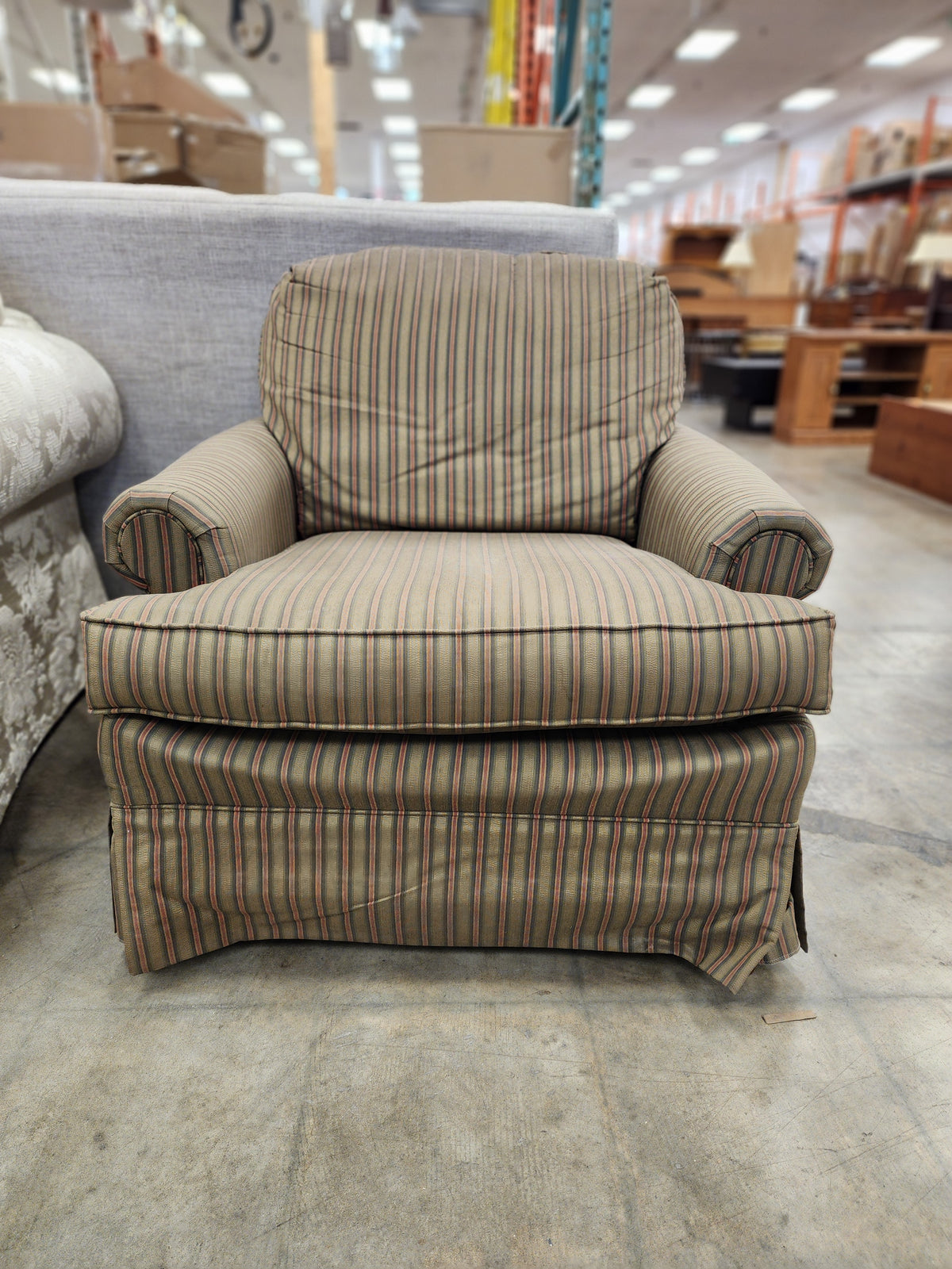 Striped Upholstered Armchair w/ Ottoman