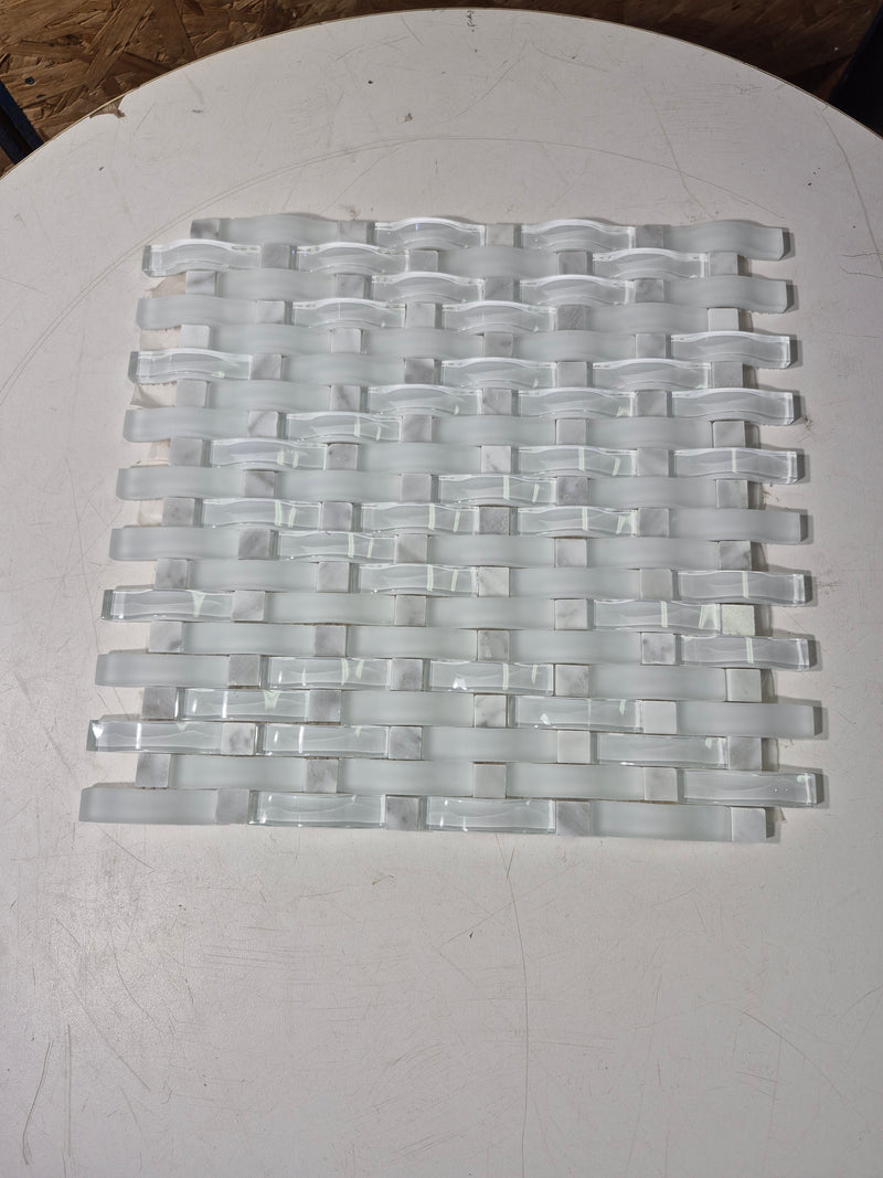 3D Curve Woven White Glossy Glass & Matte Marble Mosaic Tile