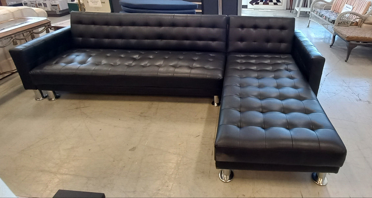 Black Vinyl Sectional Sofa with Silver Legs
