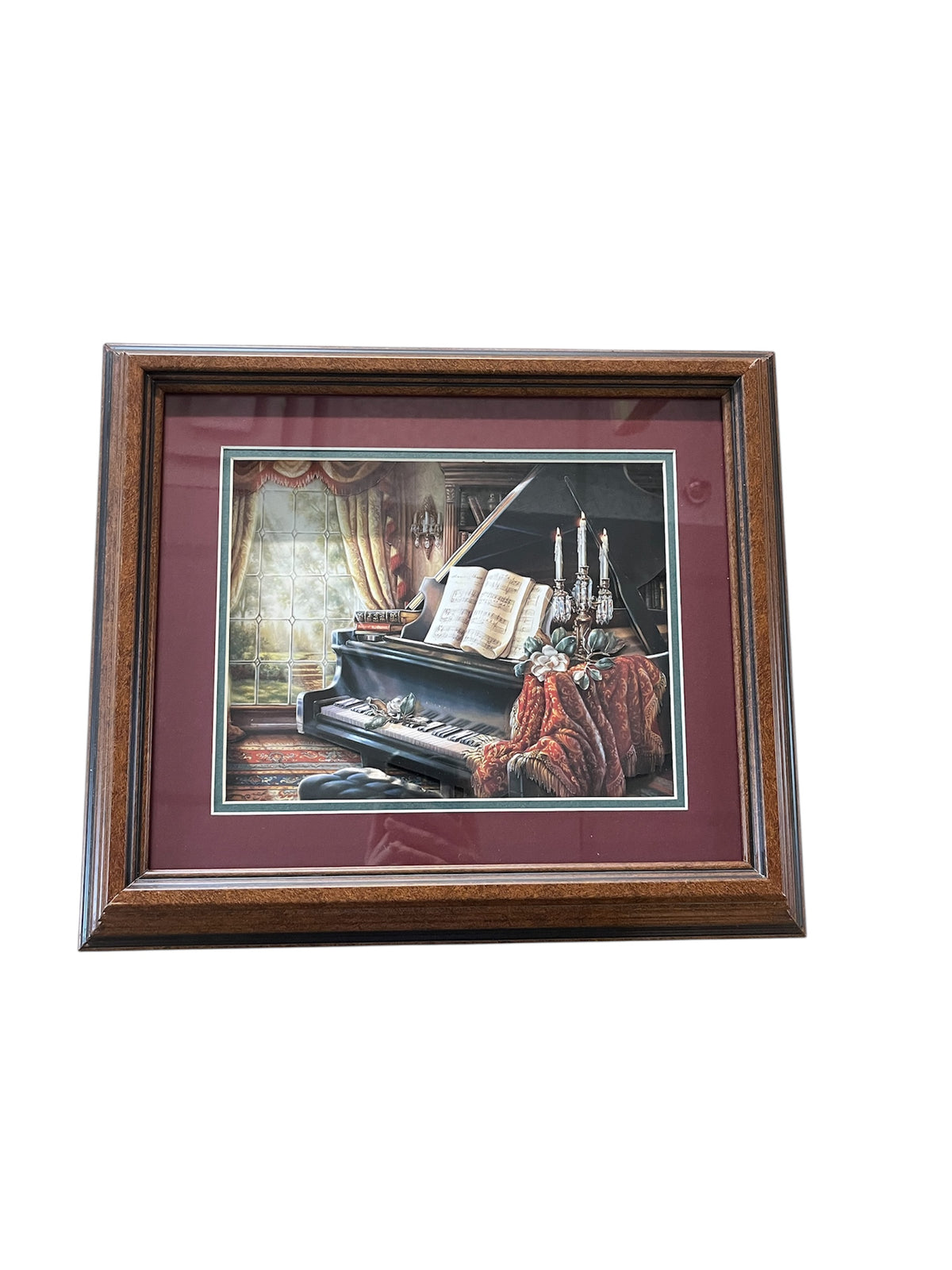 Grand Piano Diorama Shadowbox- Red Background on Chestnut Brown Wood Frame