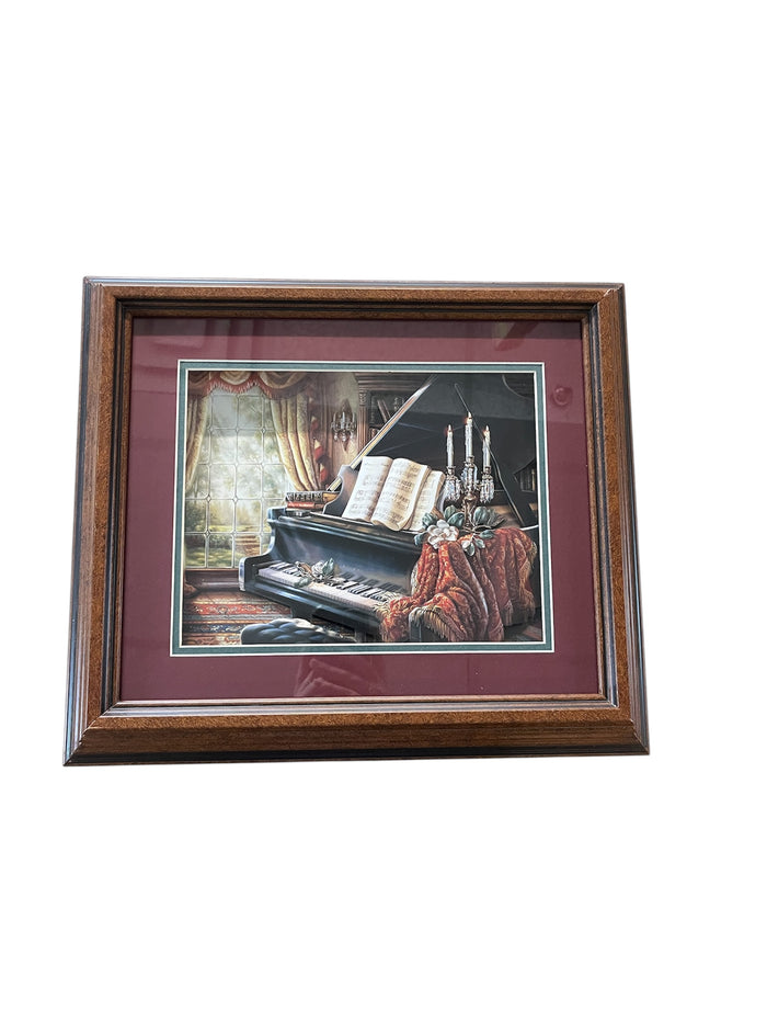 Grand Piano Diorama Shadowbox- Red Background on Chestnut Brown Wood Frame