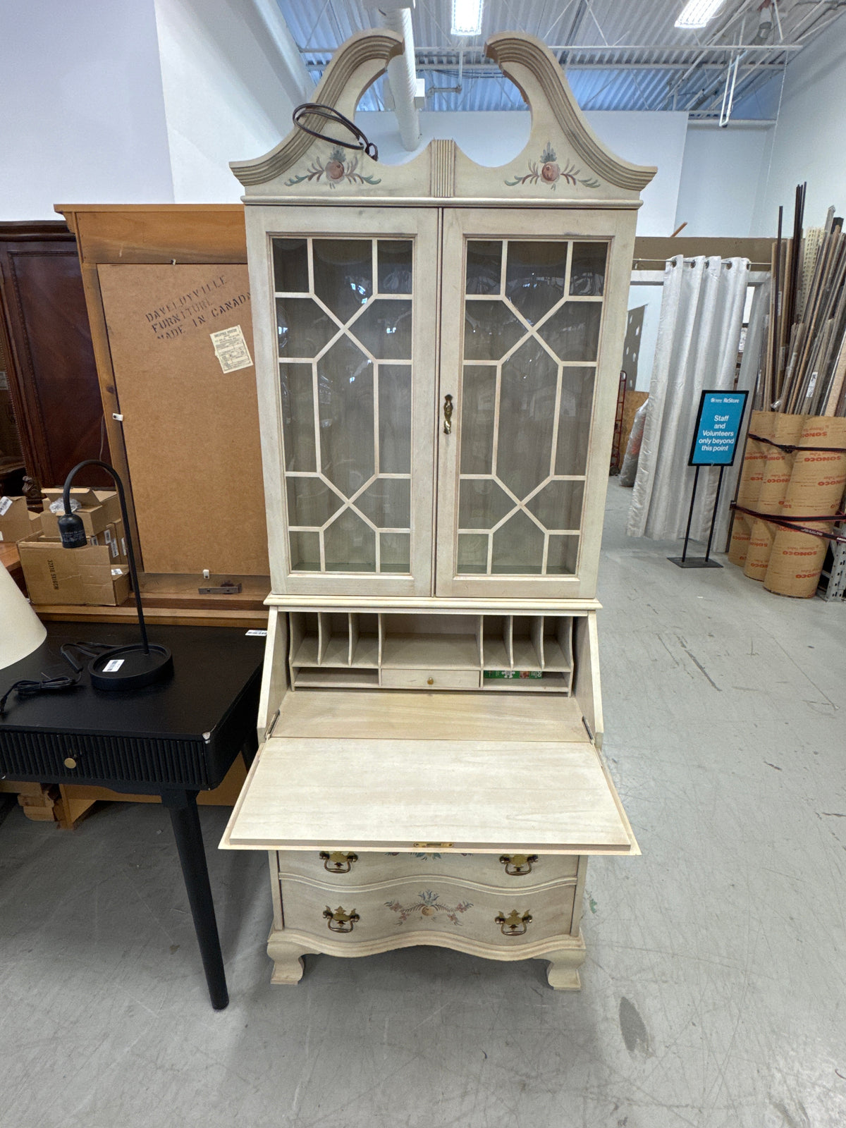 30” Wide - Cream Secretary Desk and Hutch Featuring Delicate Hand-Painted Floral Motifs and Glass Upper Cabinet Doors.
