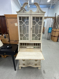 30” Wide - Cream Secretary Desk and Hutch Featuring Delicate Hand-Painted Floral Motifs and Glass Upper Cabinet Doors.