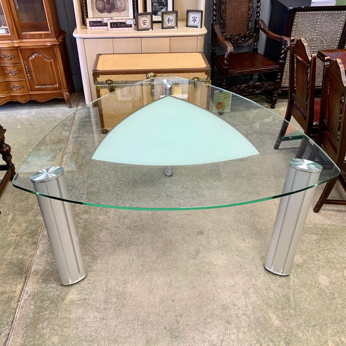 57-Inch Triangular Glass Dining Table – Frosted Center with Metal Legs
