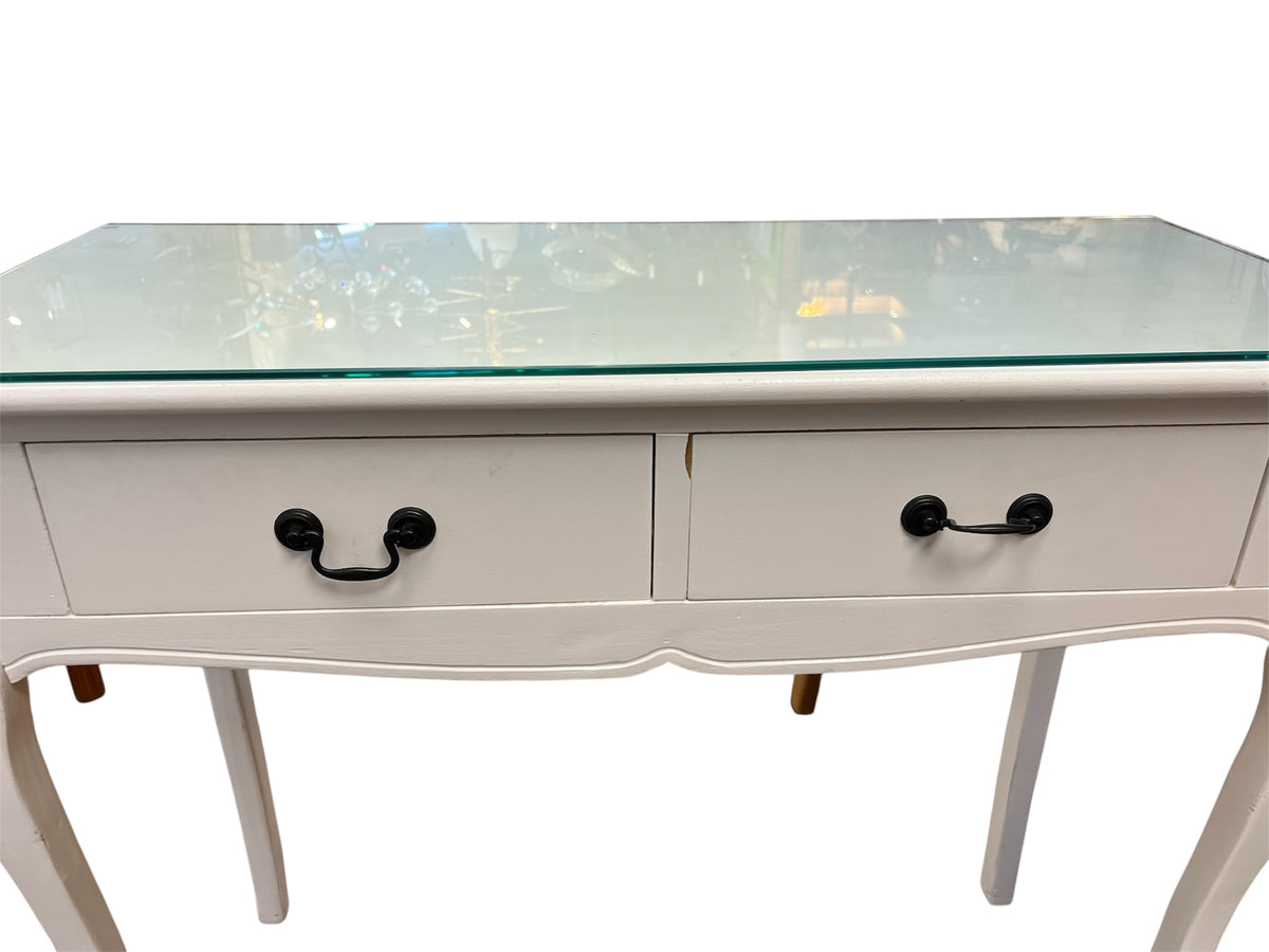White Vanity Table With Glass Top & Curved Legs