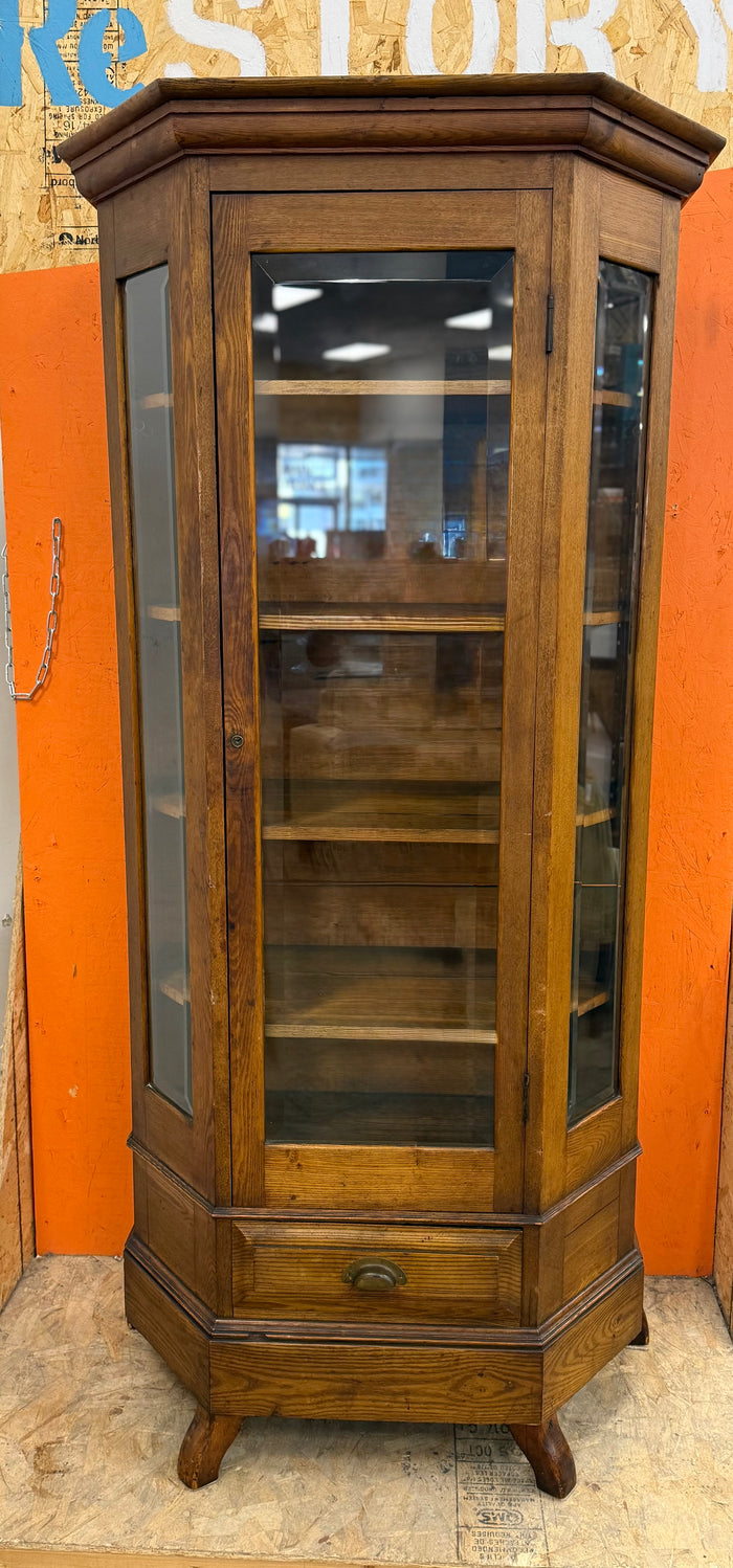 Vintage Half Hexagon Oak Corner Display Unit
