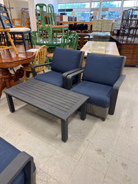 4 Pieces Patio Set Features Dark Navy Blue Cushions and a Grey Wicker Frame