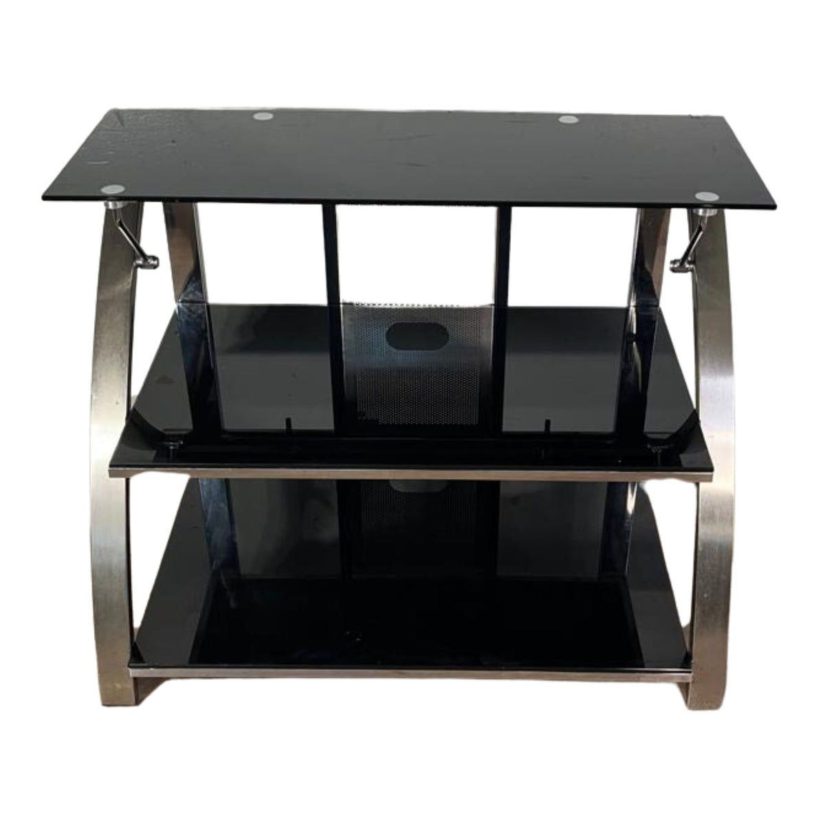 Metal TV Cabinet with Black Glass Shelves