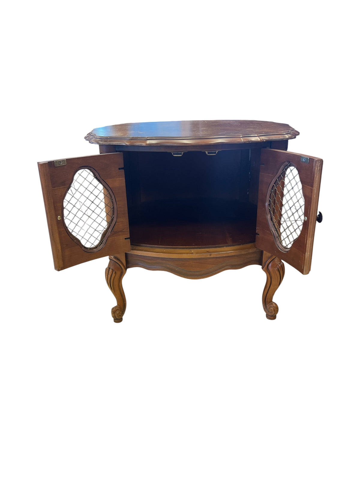 Curved Front Accent Table with Mesh Cabinet Doors