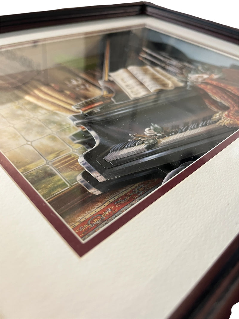 Grand Piano Diorama Shadowbox- White Background on Mahogany Red Wood Frame