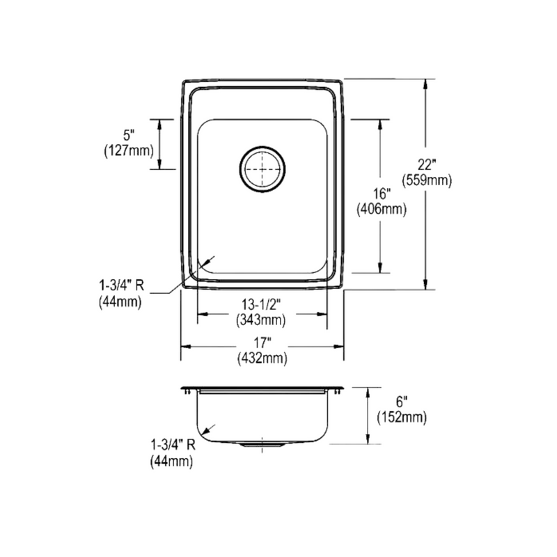 Elkay Lustertone Classic Stainless Steel 17" x 22" x 6" 3-Hole Single Bowl Drop-in ADA Sink