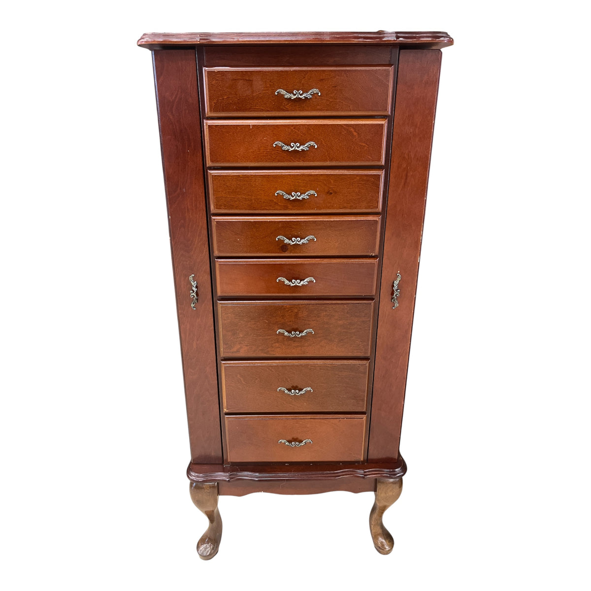 Traditional Wooden Jewelry Armoire with Mirror and Side Necklace Cabinet