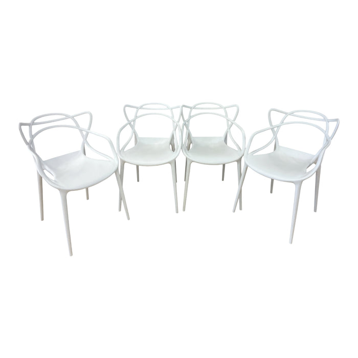 White Sculptural Armchair w/ Open Frame Back (Set of 4)