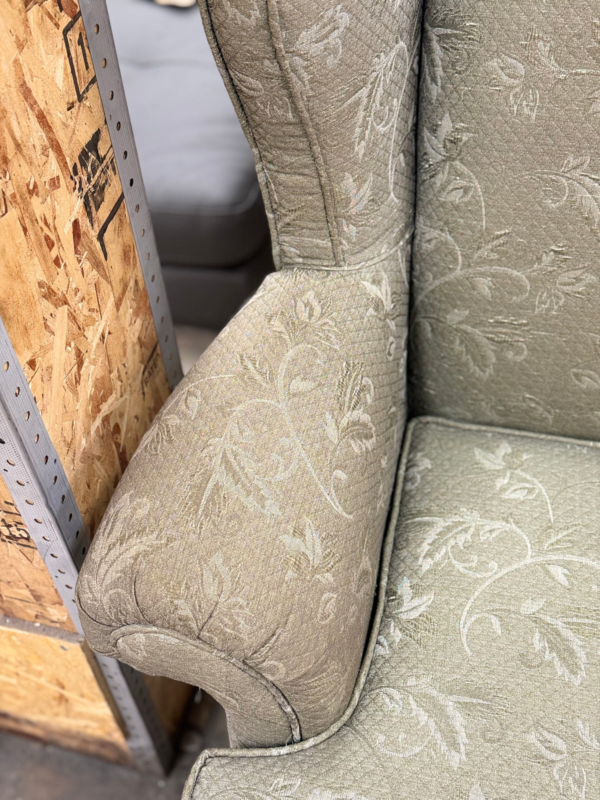 Sage Green Floral Patterned Wingback Armchair