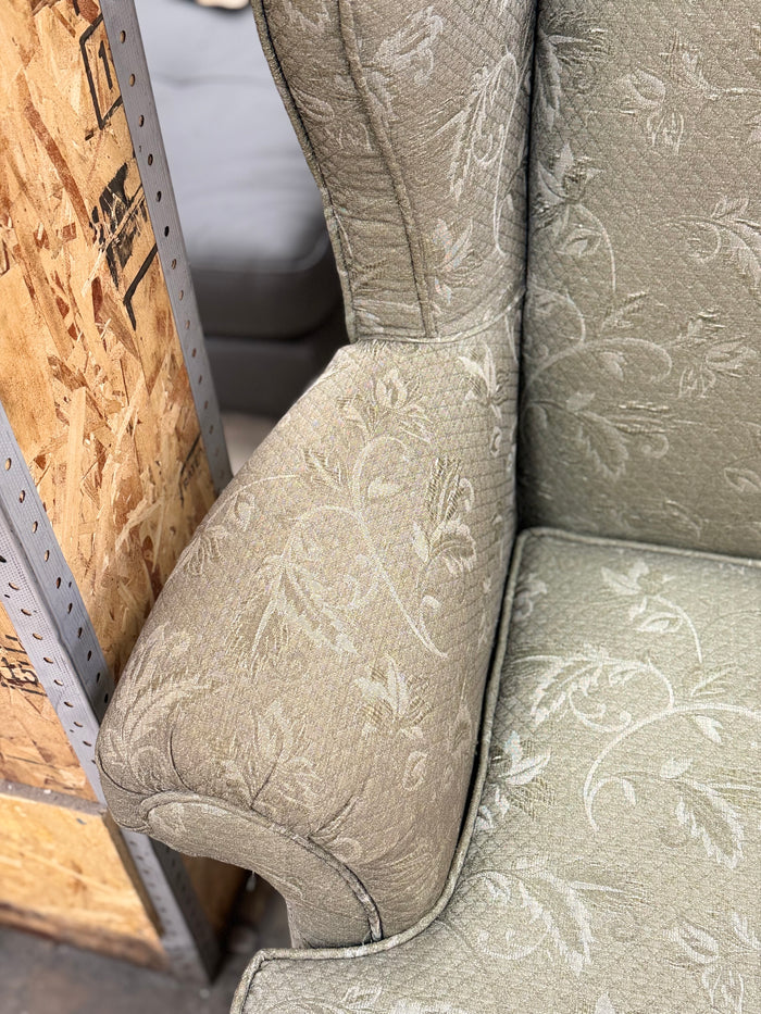 Sage Green Floral Patterned Wingback Armchair