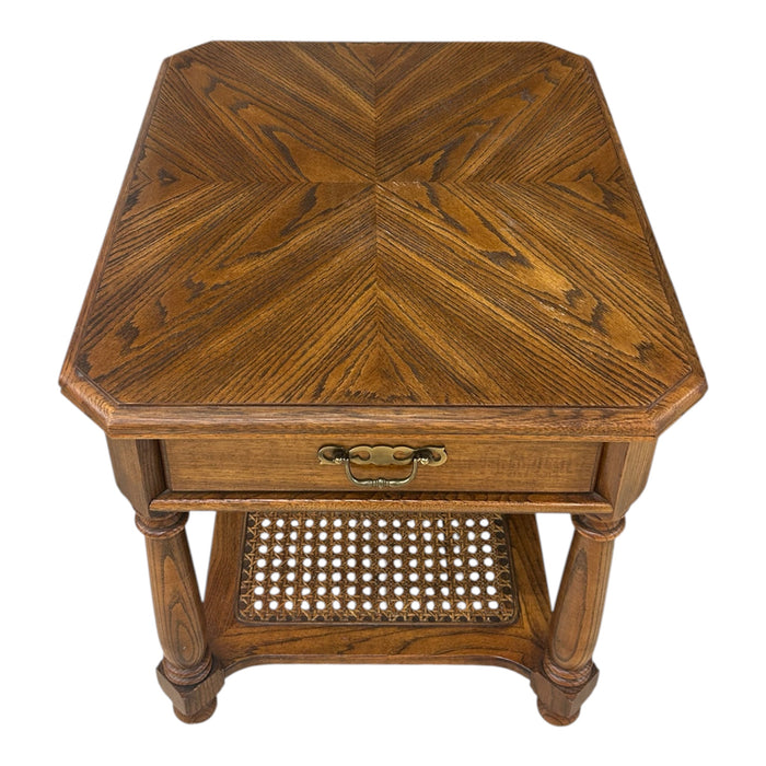 Vintage Wood End Table with Cane Bottom Shelf