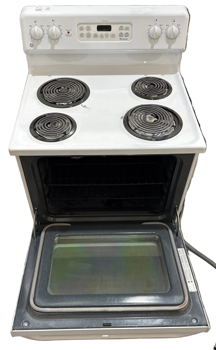 GE 30-inch freestanding electric range with coil burners.