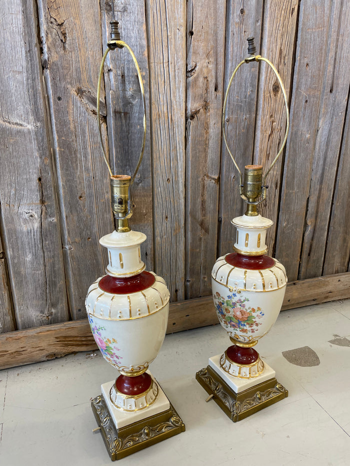 Pair of Vintage Porcelain Lamps with Floral Design - Handyperson Special