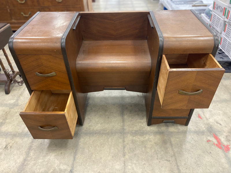 Small Brown Vintage Makeup Vanity With Wooden Chair