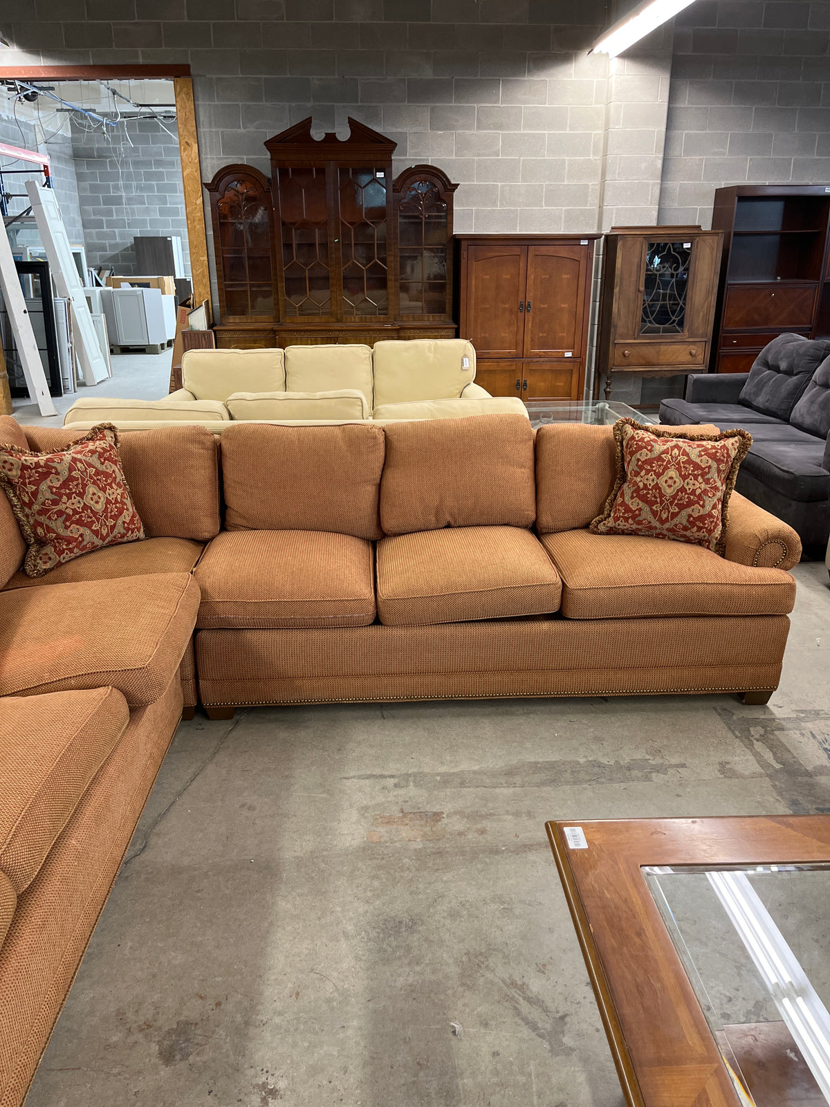 114" W Orange Woven Sectional Sofa