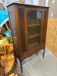 Vintage Oak China Cabinet Features A Glass Display Door And A Lower Storage Drawer