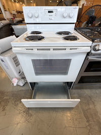 White Whirlpool Freestanding Electric Range Featuring A Four-Coil Burner Cooktop And A Rear Control Console.