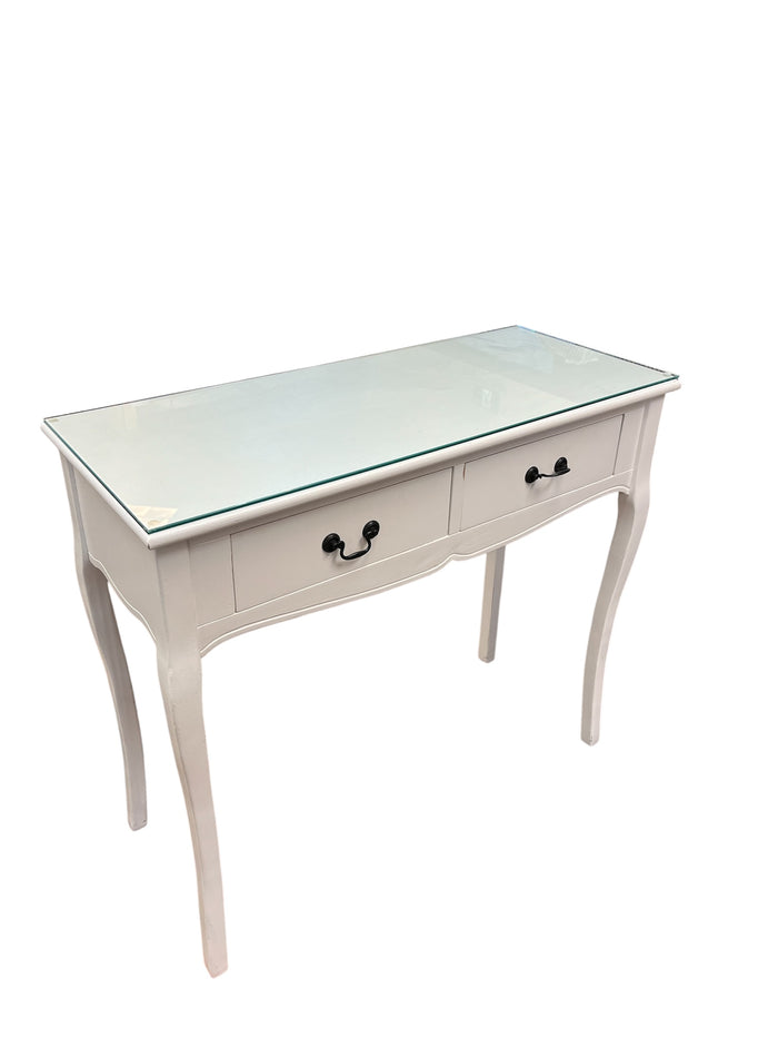White Console Table With Glass Top & Curved Legs