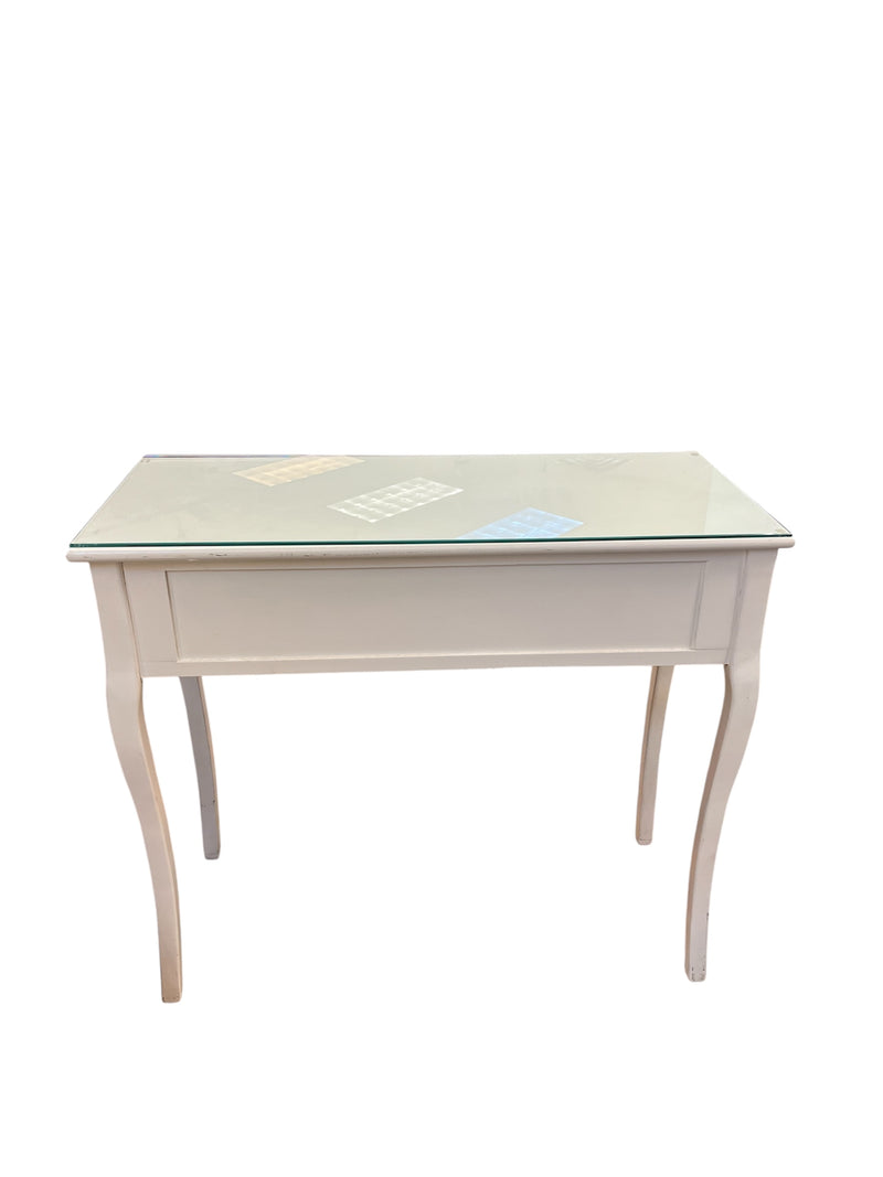 White Vanity Table With Glass Top & Curved Legs