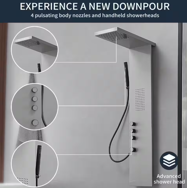 1-Jet Rainfall Shower Tower Shower Panel System with Rainfall Waterfall Shower Head [ Brushed Nickel ]