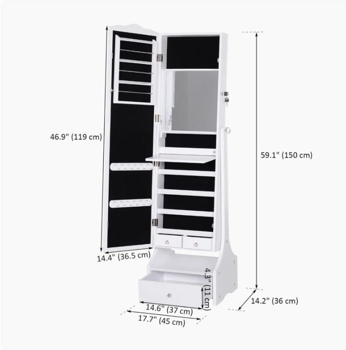 HOMCOM Standing Mirror Jewelry Cabinet (White)