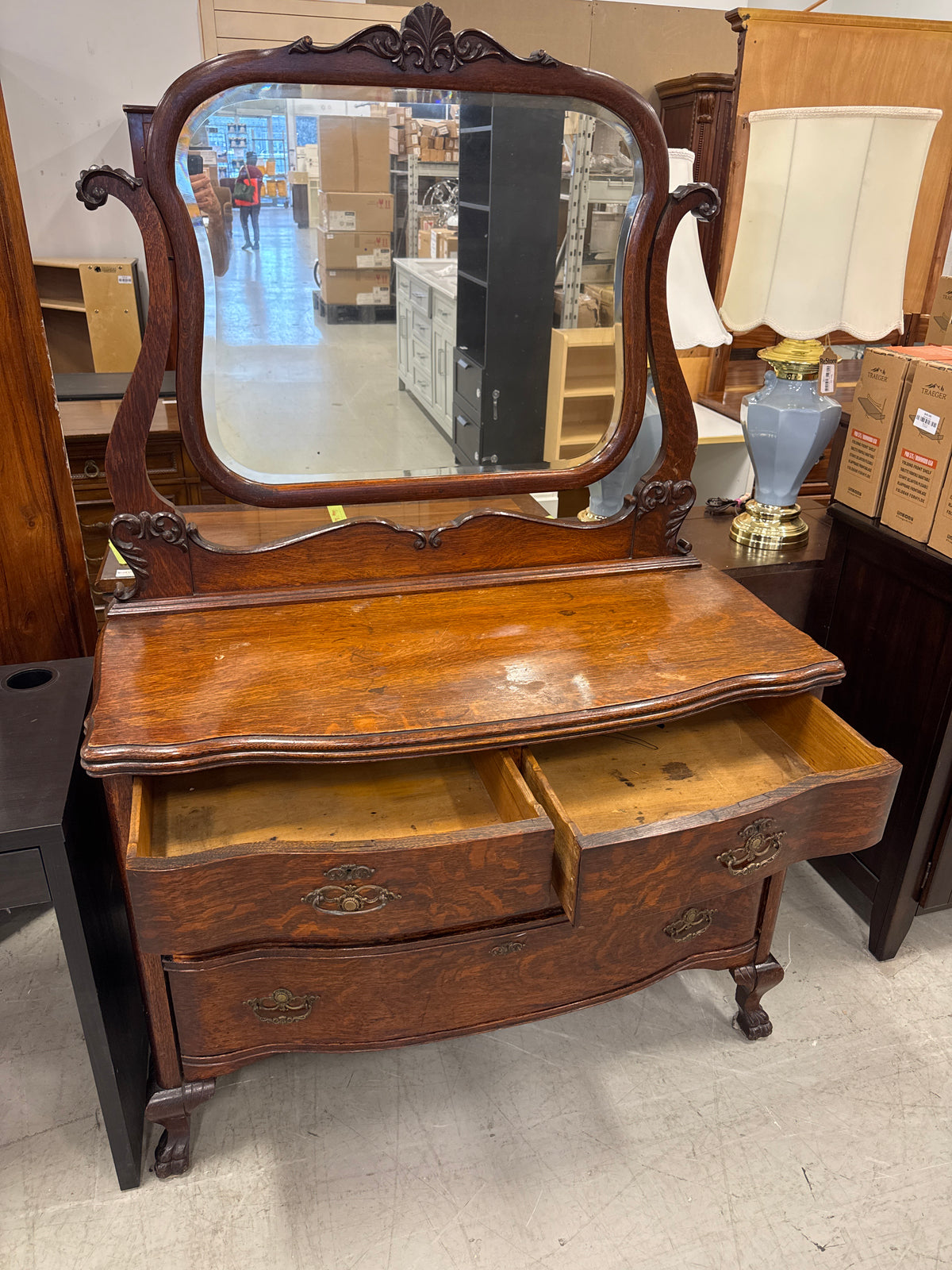 47" W Antique Victorian Serpentine Tiger Oak Dresser With A Matching Pivoting Mirror
