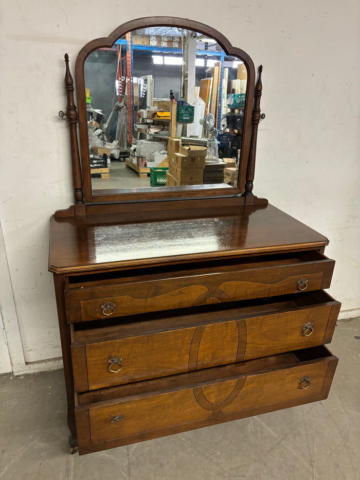 Walnut 3 Drawer Dresser on Wheels with Adjustable Mirror