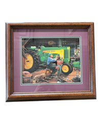 Tractor Diorama Artwork- Red Background & Chestnut Wood Frame