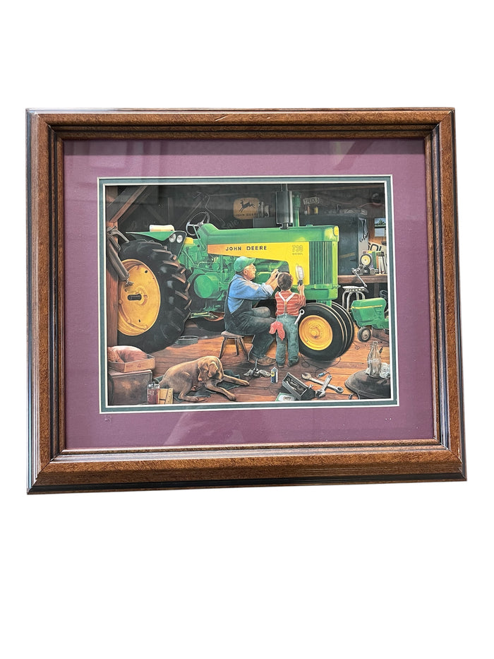 Tractor Diorama Artwork- Red Background & Chestnut Wood Frame