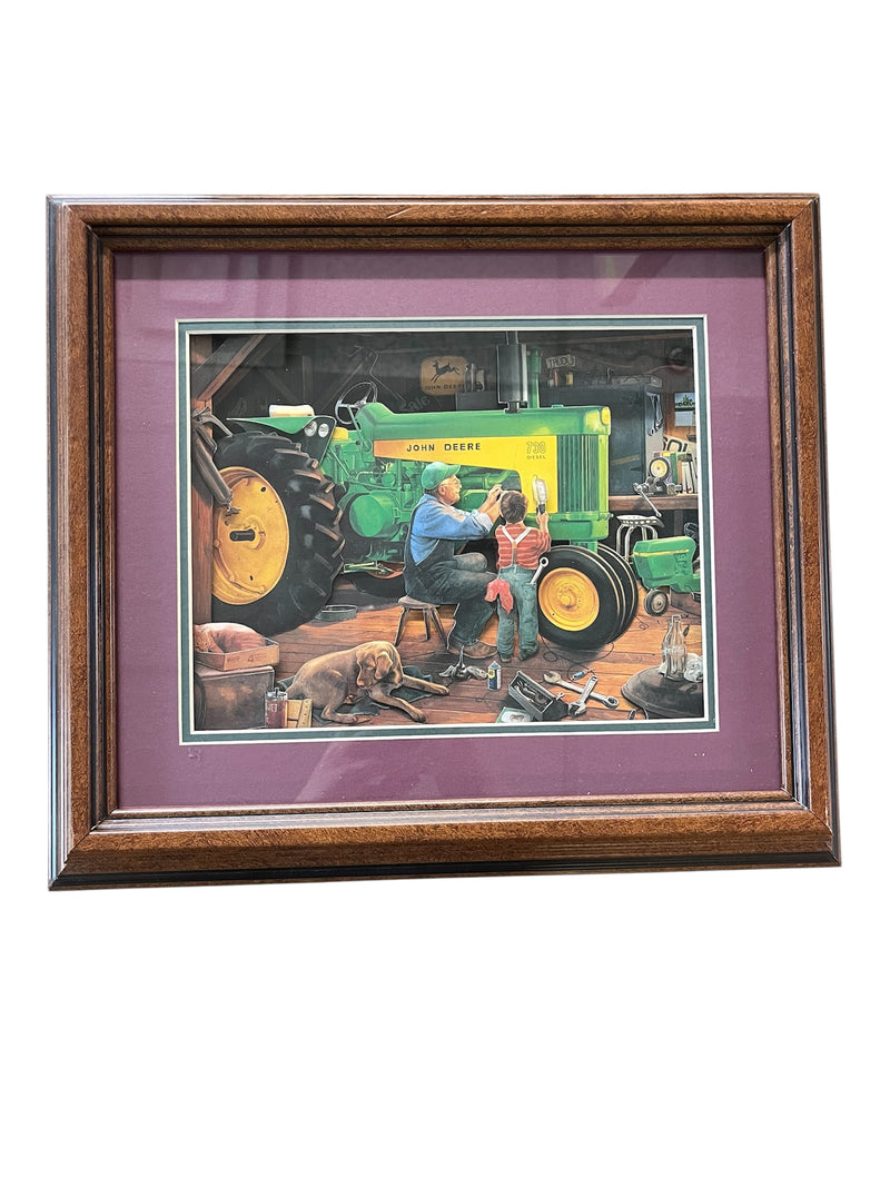Tractor Diorama Artwork- Red Background & Chestnut Wood Frame