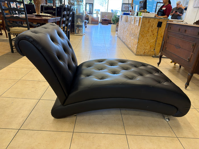 Onyx Black Pleather Lounger with Tufted Crystal Buttons