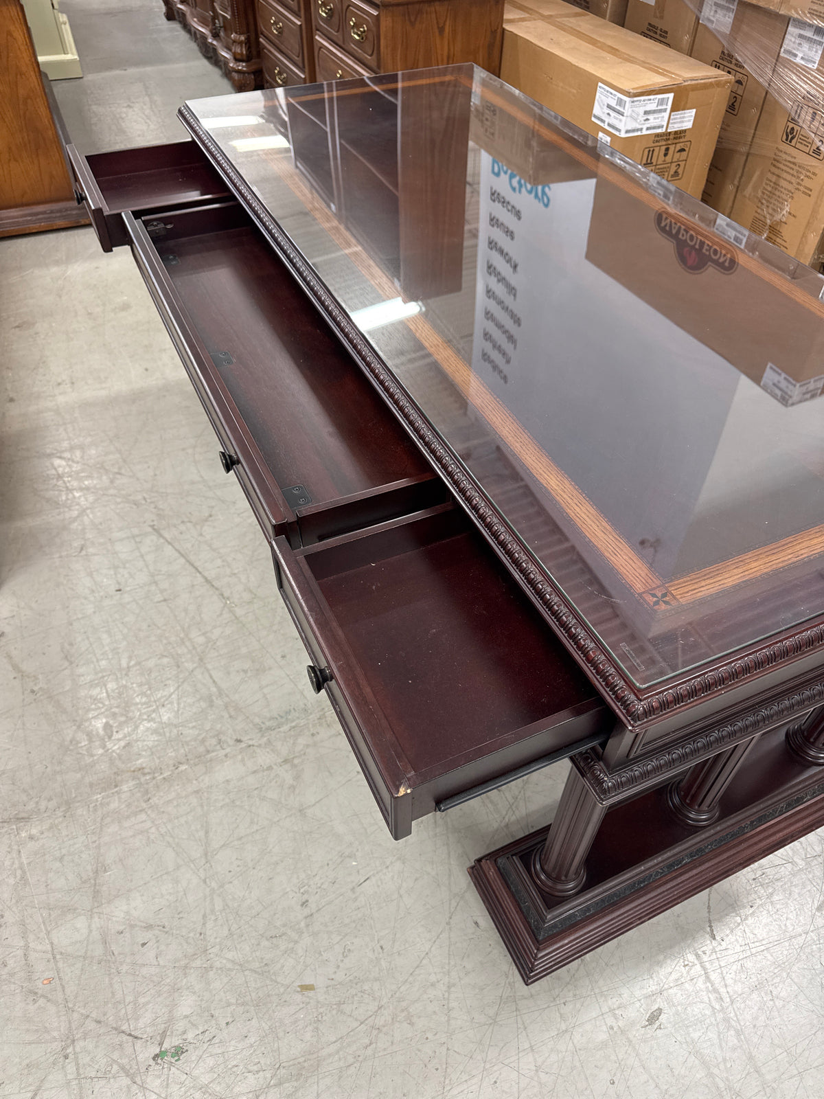 65 In. Wide Traditional Mahogany-Finish Richmond Executive Writing Desk with Glass Top by The Bombay Company