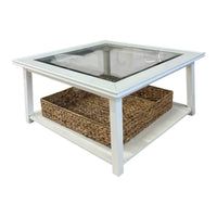 White Glass-Top Coffee Table w/ Woven Basket