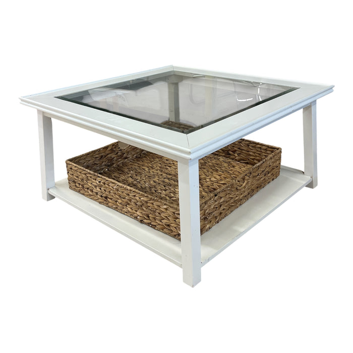 White Glass-Top Coffee Table w/ Woven Basket