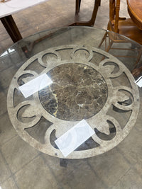 Round Glass-top with Wrought Iron and Inlay Stone Pedestal Base Dining Table