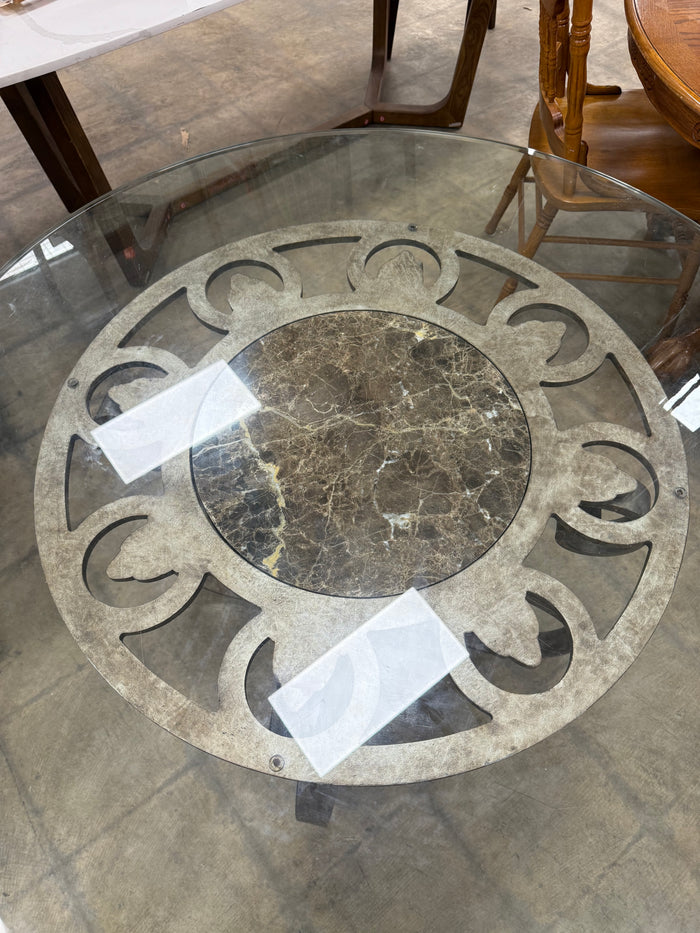 Round Glass-top with Wrought Iron and Inlay Stone Pedestal Base Dining Table