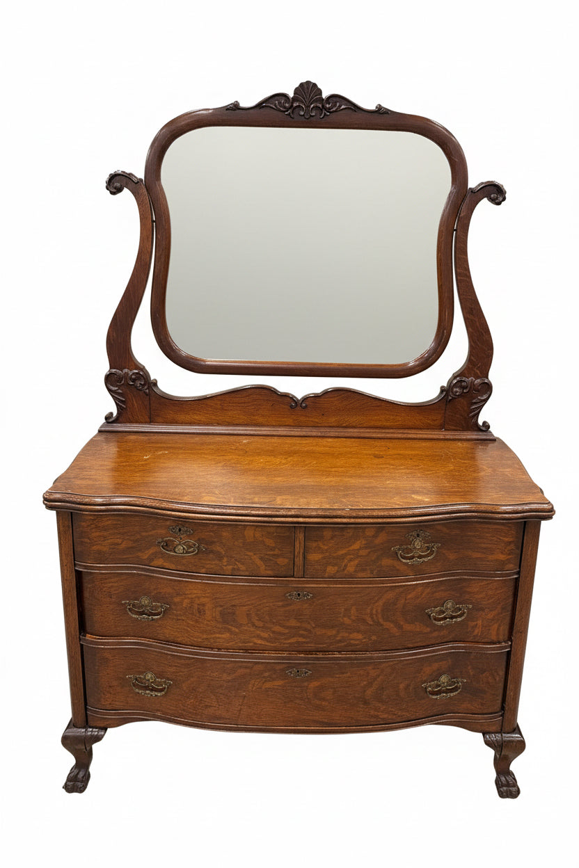 47" W Antique Victorian Serpentine Tiger Oak Dresser With A Matching Pivoting Mirror