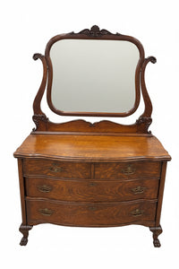 47" W Antique Victorian Serpentine Tiger Oak Dresser With A Matching Pivoting Mirror